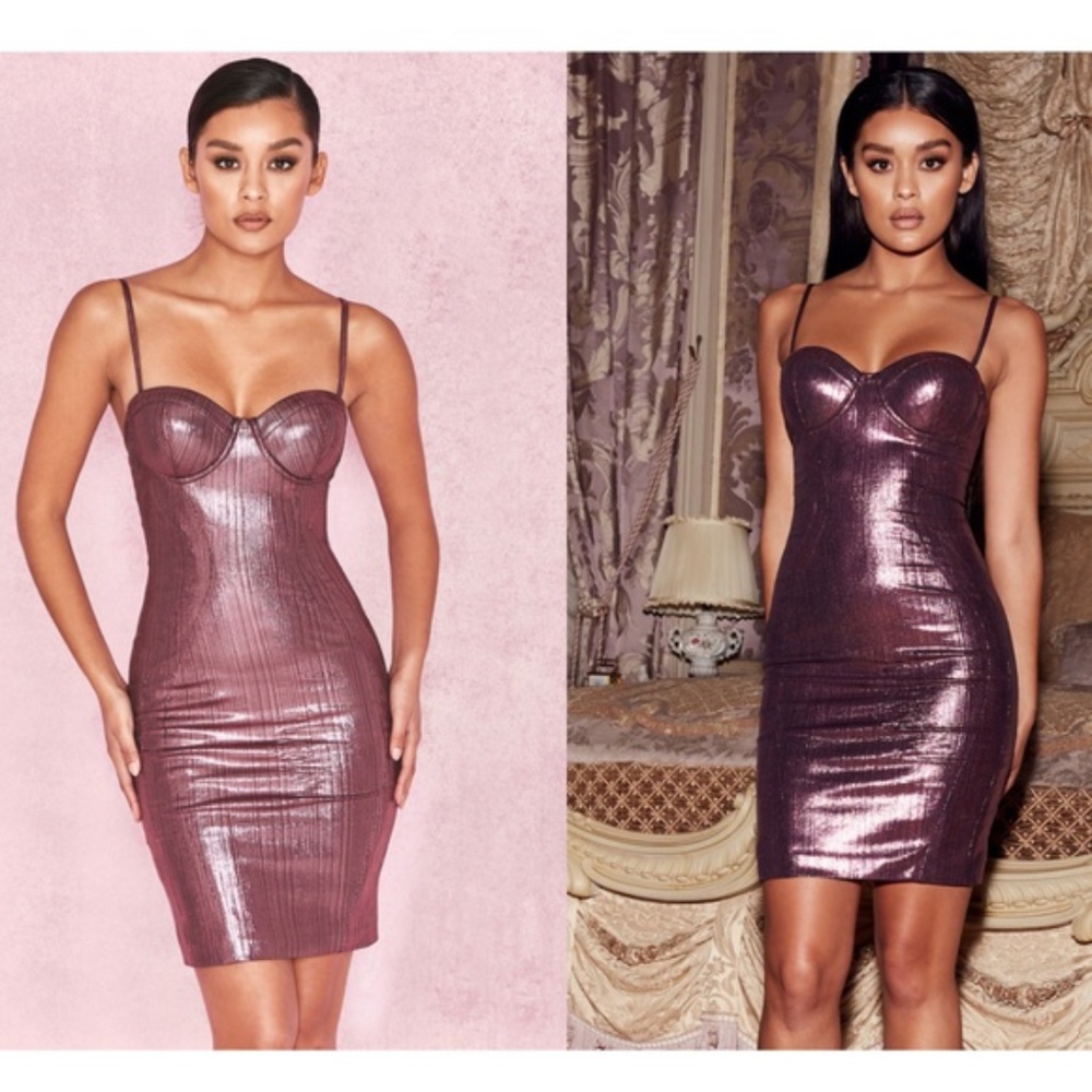 NWT House Of CB, 'Samira' Metallic Purple Bodice Dress, Size S